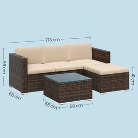 Conjunto de jardim, mobiliário de pátio em Polyrattan, mobiliário de varanda com almofadas e mesa de vidro Castanho-taupe
