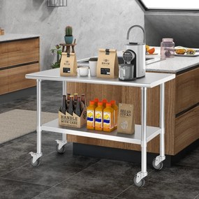 Mesa de Trabalho com Rodas para Cozinha Carrinho de Serviço em Aço Inoxidável 2 Prateleiras Carga 250 kg para Restaurante 122 x 61 x 90 cm