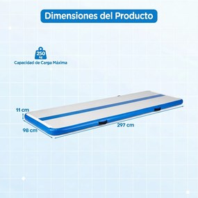 Colchão de ginástica insuflável com bomba elétrica 297 x 98 x 11 cm, saco de transporte e remendo de reparação portátil para fitness e ioga, azul