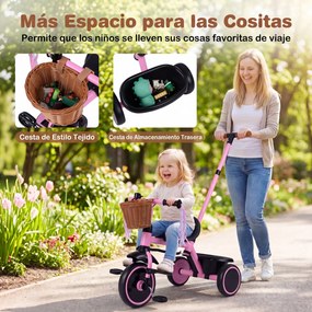 Triciclo Infantil Evolutivo 2 em 1, 94 x 43 x 90-96,5 cm, Pega de Empurrar Ajustável, Cor-de-rosa