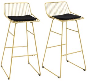 HOMCOM Conjunto de Bancos Altos de Cozinha com Encosto Almofada e Estrutura de Aço Carga 120 kg 44,5x48x94,6 cm Dourado