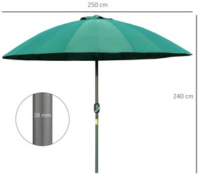 Chapéu de Sol de Jardim Ø2,5x2,4 m com Manivela Manual Mastro Flexível Impermeável e 18 Hastes para Exterior Verde