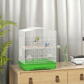 Gaiola para Pássaros Gaiola de Aço com 2 Alimentadores 2 Poleiros Baloiço e Bandeja Removível Pega 46,5x36x59 cm Verde