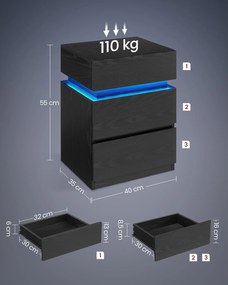 Conjunto de 2 mesas de cabeçeira com iluminação LED e 3 gavetas 35 x 40 x 55 cm, na cor preta