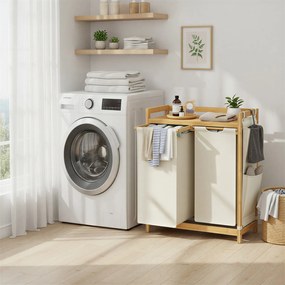 Cesto da roupa suja com 2 compartimentos, bambu 100 L, 63,2 x 33 x 78 cm branco