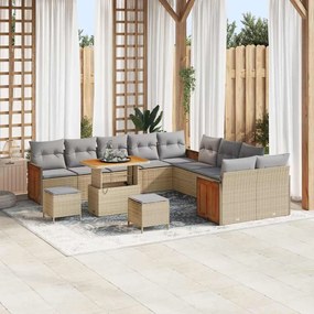 Conjunto de Sofá de Jardim vidaXL com Almofadas Bege Rattan Poliéster Acácia 13 Peças