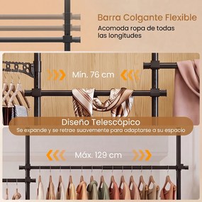 Cabideiro de Pé Modular 139-244 x 110-315 cm, Altura e Comprimento Reguláveis, Preto