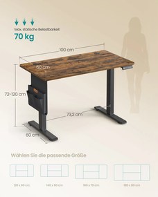 Secretária elétrica com altura ajustável 100 x 60 x (72-120) cm, castanho vintage