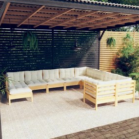 vidaXL 10 pcs conjunto lounge de jardim c/ almofadões cor creme pinho