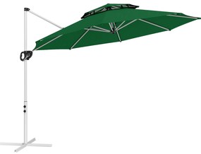 Outsunny Chapéu de Sol Excêntrico  Ø292 cm com Manivela Rotativo 360° Inclinação Ajustável Duplo Teto e Base Cruzada Verde Escuro