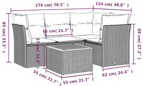 5 pcs conjunto sofás p/ jardim c/ almofadões vime PE cinzento