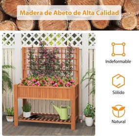 Floreira elevada em madeira com treliça e prateleira, vaso com orifícios de drenagem, caixa para plantas de jardim, cor Castanho
