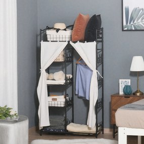Guarda Roupa para adultos, roupeiro, guarda-roupa, vestidor, com várias opções de arrumação, 5 prateleiras, 84 x 42 x 159 cm, metal preto, 2 cortinas