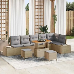 Conjunto de Sofá de Jardim vidaXL de 9 Peças com Almofadas Bege Vime PE Acácia