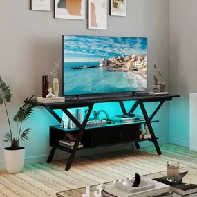 Móvel de TV de 140 cm armário de televisão de 55-65 polegadas 3 níveis com luzes LED coloridas ajustáveis Preto