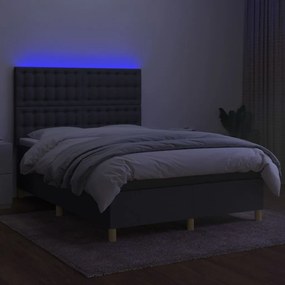 Cama box spring c/ colchão e LED 140x200 cm tecido cinza-escuro