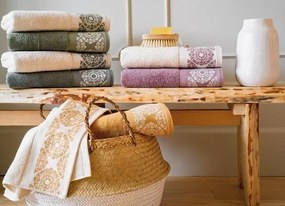 Jogo de 3 toalhas C/ 450 gr./m2 em algodão - Bomdia: Felpo cor bege natura / desenho jacquard cor verde 1 Toalha P/ medida 70x140 cm - 50x100 cm - 30x50 cm