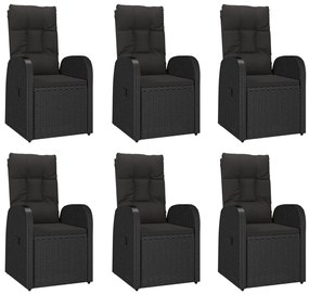 7 pcs conjunto de jantar p/ jardim c/ almofadões vime PE preto