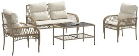 4 pcs conjunto de sofás para jardim c/ almofadões vime PE bege