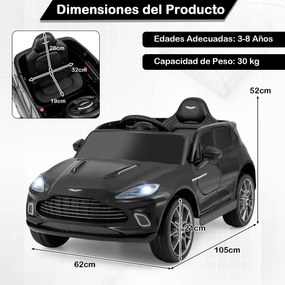 Carro elétrico infantil de 12 V Aston Martin DBX com portas duplas com fecho, controlo remoto, arranque gradual, luzes LED, porta USB e buzina – Preto