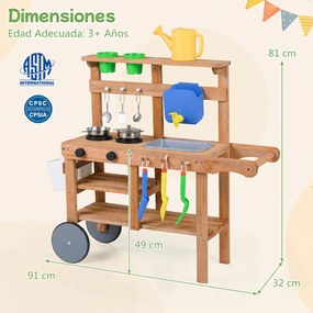 Cozinha de crianças Exterior Infantil, 91 x 32 x 81 cm, Design 2 em 1, Natural