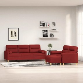 vidaXL 3 pcs conjunto de sofás c/ almofadões tecido vermelho tinto