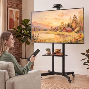 Suporte para TV com Rodas 32"-75" Altura Regulável Inclinação ±15° e 2 Prateleiras Preto