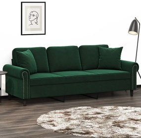 vidaXL Sofá 3 lug. c/ almofadas/almofadões 180 cm veludo verde-escuro