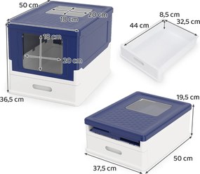Caixa de areia dobrável 50 x 37,5 x 36,5 cm com tampa fechada, entrada frontal e saída rebatível, bandeja portátil para gatos até 10 kg Azul Marinho