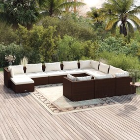 vidaXL 11 pcs conjunto lounge jardim c/ almofadões vime PE castanho