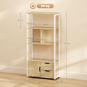 Estante para Livros com Armário e 2 Gavetas de Armazenamento para Escritório Sala de Estar 58x24x122 cm Madeira e Branco