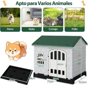 Casota dobrável 75 x 58 x 65 cm de plástico para cães resistente às intempéries para animais de estimação com bandeja sanitária Porta verde escuro