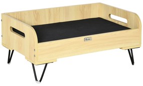 PawHut Sofá de Madeira para Cães Gatos Cama para Animais de Estimação Pequenos com Almofada Acolchoada Removível Alças e Pés Elevados de Aço 70x45x32cm Carvalho e Preto