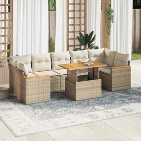 8 pcs conjunto sofás jardim com almofadões vime PE/acácia bege