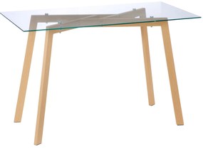 HOMCOM Mesa de Jantar para 4 Pessoas com Bancada de Vidro Temperado e Pés de Aço com Efeito de Madeira 120x60x76cm Transparente e Madeira