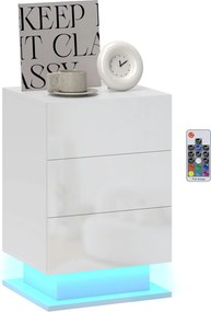 Mesa de Cabeceira com Faixa de Luz LED Multicolor Mesa Auxiliar com 3 Gavetas Estilo Moderno 40x35x60 cm Branco Brilhante