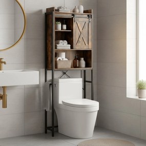 Estante para máquina de lavar ou sob sanita 64 x 24 x 171 cm com armário castanho rustico-preto