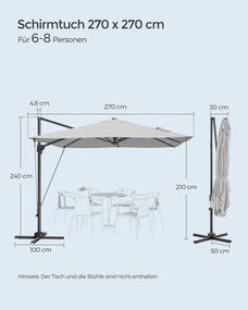 Guarda-sol retangular de 270 x 270 cm com manivela e base em cruz cinzento