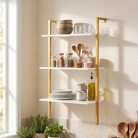 Estante flutuante 53,5 x 29,5 x 96 cm de 3 níveis em forma de escada, com estrutura preta e painéis industriais, para casa de banho, cozinha ou sala d
