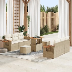 Conjunto de Sofás de Jardim de 9 Peças com Almofadas Bege Rattan Poli Acácia
