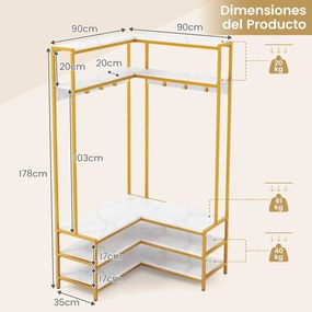 Guarda roupa aberto, móvel entrada de canto com prateleiras abertas e ganchos Banco para sapatos Estrutura metálica sólida 90 x 90 x 178 cm Branco