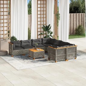 9 pcs conjunto sofás p/ jardim com almofadões vime PE cinzento