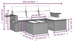 4 pcs conj. sofás jardim c/ almofadões vime PE cinzento-claro