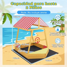 Caixa de areia infantil em madeira de abeto 135 x 103 x 140 cm, em forma de barco, com toldo em poliéster, volante giratório, 4 assentos e tapete, Ver