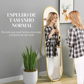 Espelho de Pé Oval 160x40 cm Espelho de Corpo Inteiro com Moldura Metálica Suporte e 2 Formas de Utilização Dourado