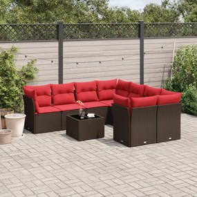 vidaXL 9 pcs conjunto sofás p/ jardim c/ almofadões vime PE castanho