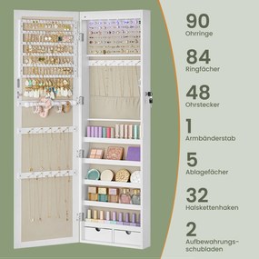 Armário suspenso para joias com espelho para montagem na parede 37 x 10 x 120 cm Branco + Bege