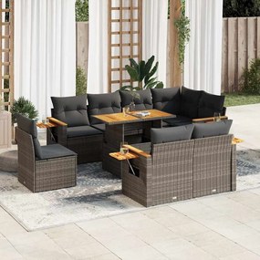 9 pcs conjunto sofás jardim almofadões vime PE/acácia cinzento