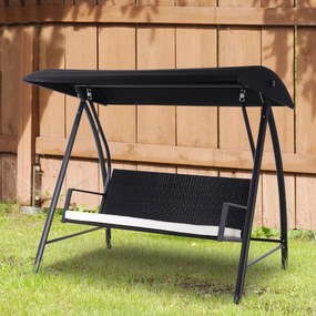 Balanço de jardim tipo cadeira de balanço de rattan com 3 assentos para jardim e terraço com toldo ajustável e almofada - 198x124x179cm