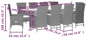 11 pcs conjunto de jantar p/ jardim com almofadões vime PE bege